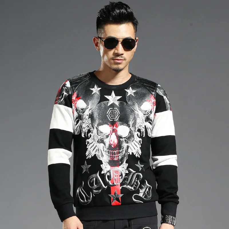 

European new style spring and autumn men's pullover with skull print, slim black long-sleeved print padded jacket