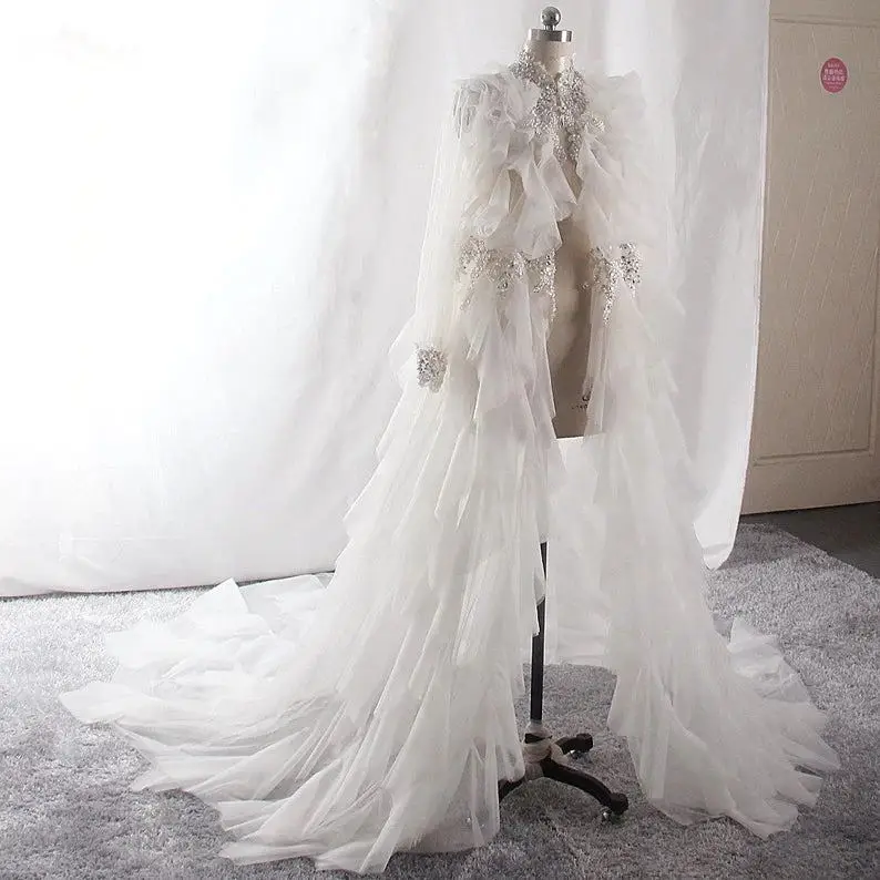 

2021 Bridal Bolero with Ruffles Long Sleeve Sequined Jacket Wedding Cape Shawl Wraps Maternity Dress Photo Shoot Robe