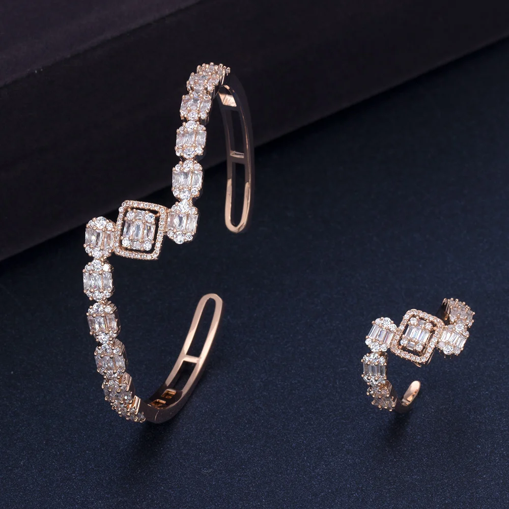 

BrideTalk New Design Women Adjustable Bangle Ring Sets Baguette Square Zircon For Women Wedding Engagement 2PCS Jewelry set