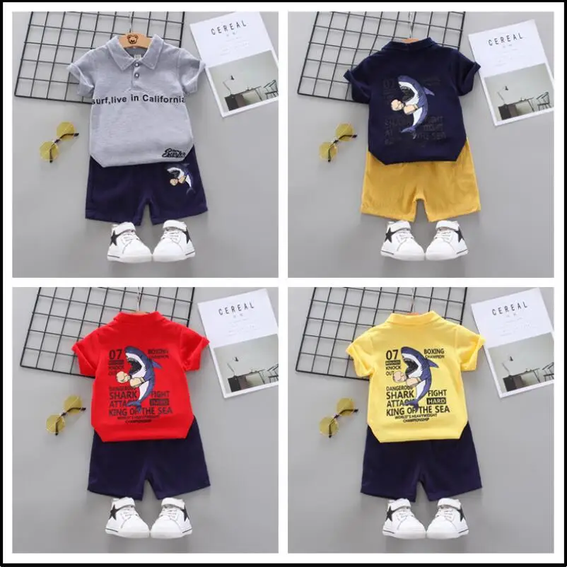 

Летняя одежда для маленьких мальчиков, комплекты детской одежды, футболка и шорты для малышей, хлопковая куртка с отложным воротником для м...