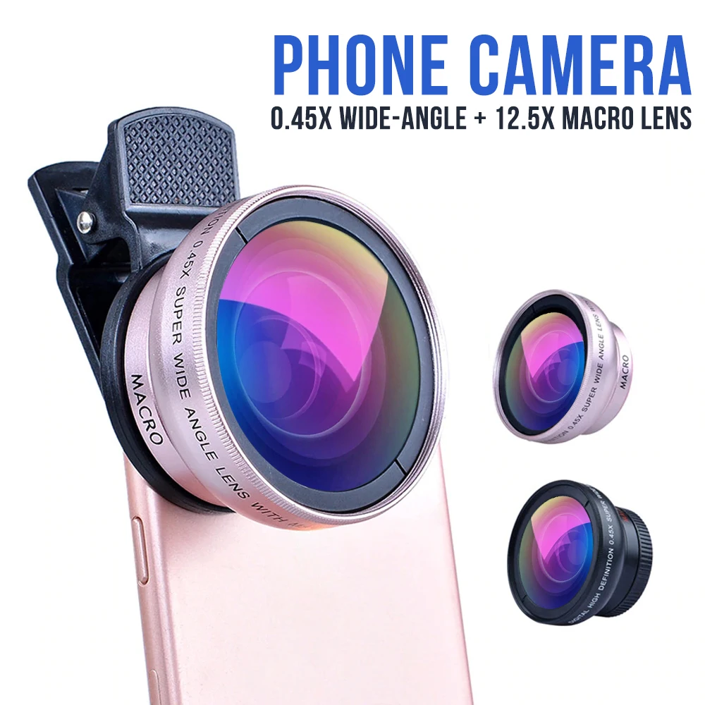 

New 2in1 Lens 0.45X Wide Angle+12.5X Macro Lens Professional HD Phone Camera Lens For iPhone 8 7 6S Plus Xiaomi Samsung LG