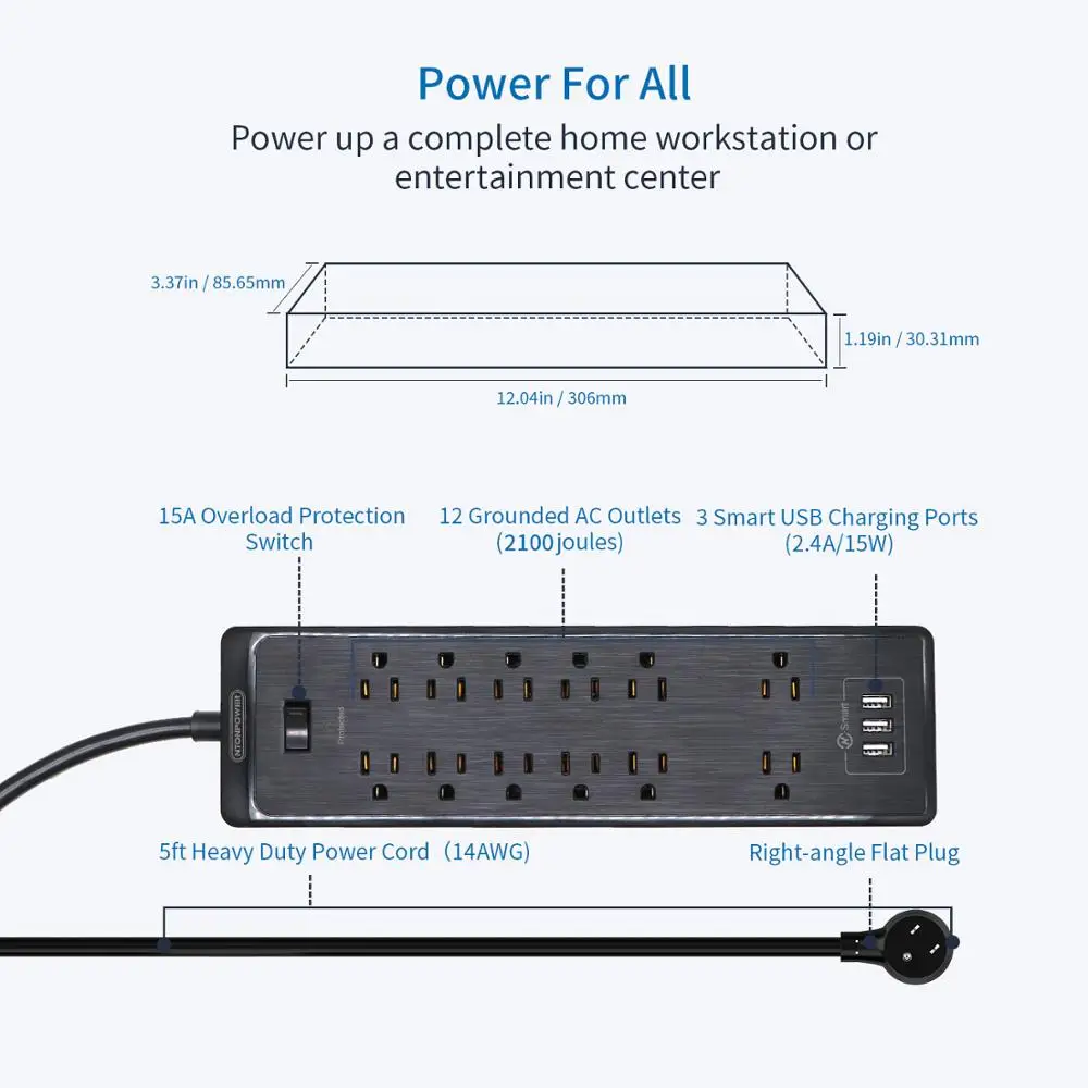 NTONPOWER US Power Strip Surge Protector Extension Cord 12AC Plug Multiple Outlets For Electricity Home Office Kitchen | Электроника