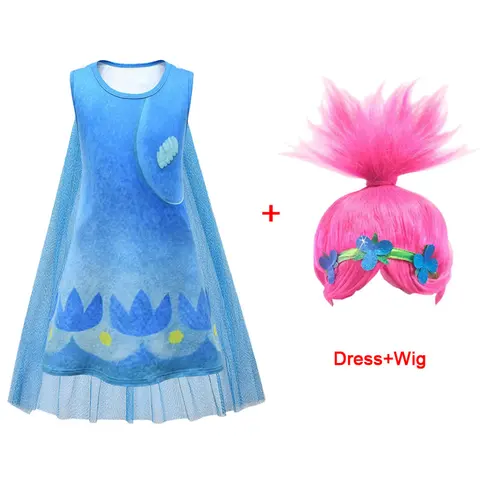 Костюм для девочек с троллями 2, летнее платье для Хэллоуина, Детская кружевная принцесса, искусственная кожа, Детская Маскировка, искусственная ткань, парик 8