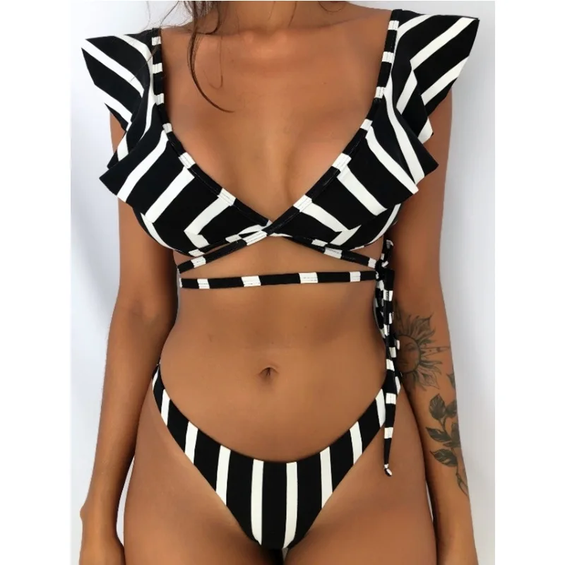 

Beach Bikini 2020 Woman Sexy Front Lace Up Tie Strapless Leopard Swimsuit Female Push Up Ruffled Bow Bathing Suit Thong Swimwear