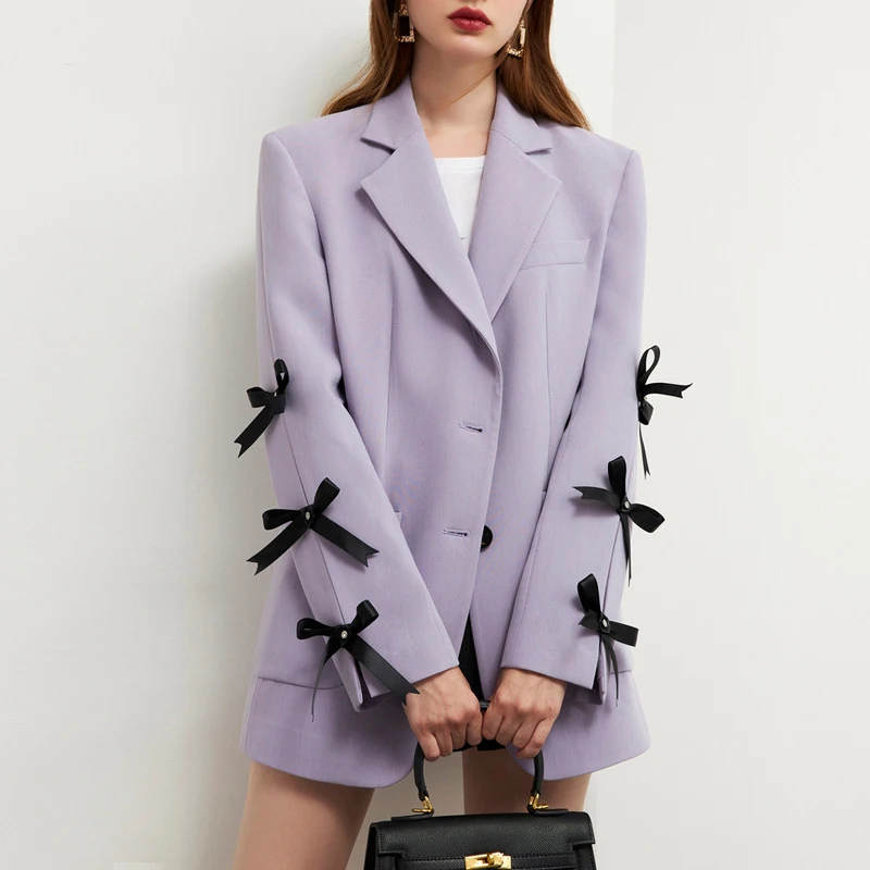 

Casual Hit Color Blazer For Women Notched Long Sleeve Patchwork Bowknot Blazers Female Fashion Clothing