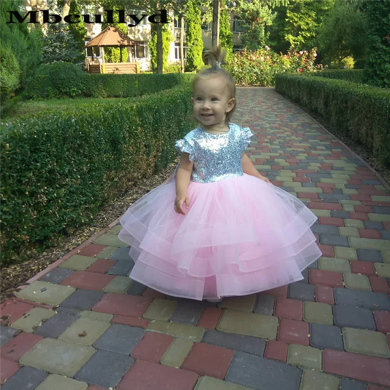 Платье для девочек Mbcullyd с блестками и розовыми цветами 2020 бантом пышные платья