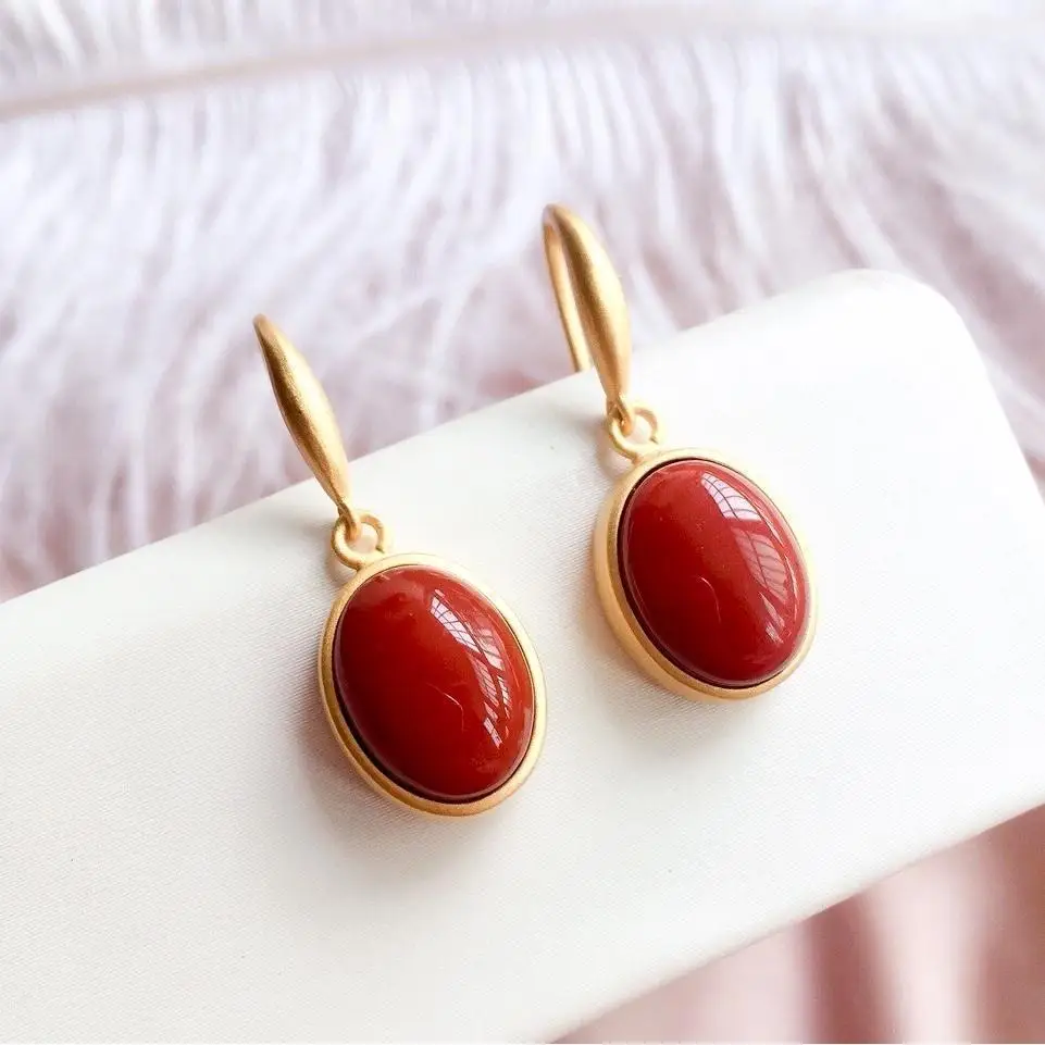

Ancient Gold S925 Sterling Silver Inlaid Natural South Red Agate Earrings Earrings Retro Oval Egg Surface Earrings Female Person