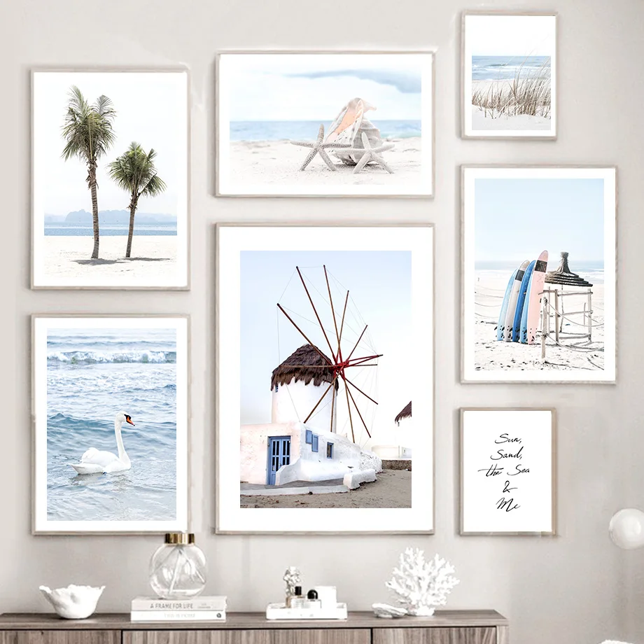 Sea Beach Cabin Swan Conch Palm Tree Reed Wall Art Canvas Painting Nordic Posters And Prints Wall Pictures For Living Room Decor high top white black converse design summer style sea beach sunshine palm tree surfing unique canvas sneakers