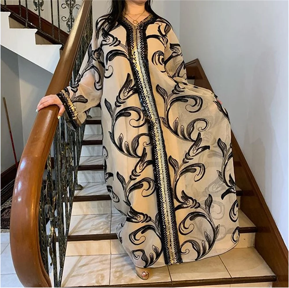 

Fashion Sequins Embroidered Muslim Dress Dubai Arab Abaya Duabi Arabic Turkey Moroccon Kaftan Islamic Clothing India Gown Robe