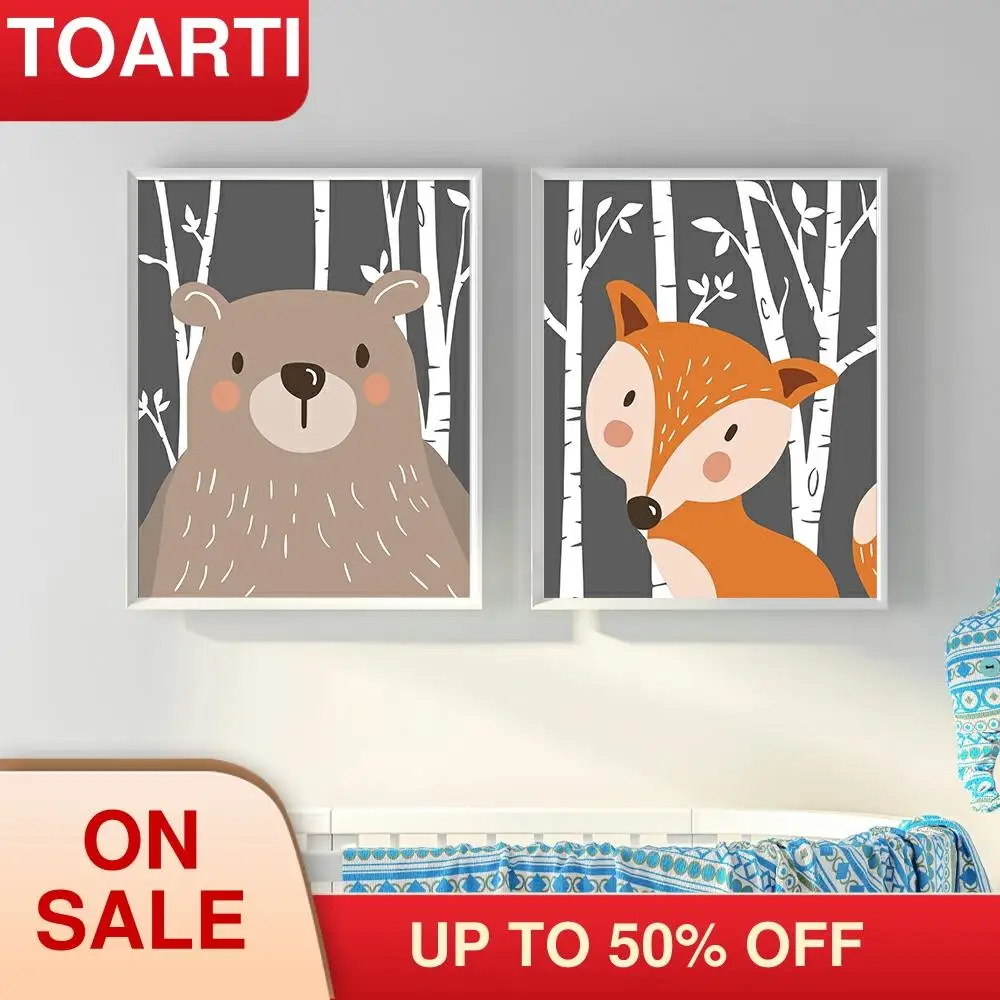 Мультфильм холст постер лесной животные лиса медведь настенная живопись для