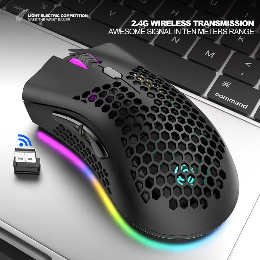 

2.4GHz Wireless Gaming Mouse 7 Button 1600 DPI Adjustable RGB Backlit Rechargeable Mouse Lightweight Honeycomb Shell Gamer Mice