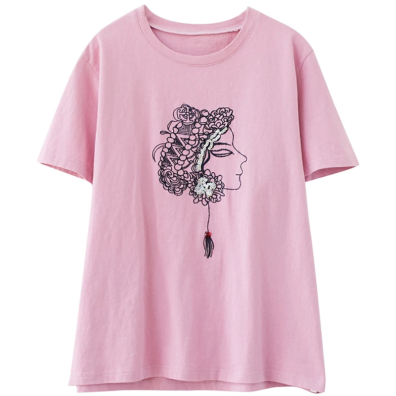 

BIG SIZE Summer Women Fashion Embroidery Sequins Tassel Tops Tee Lady Female Plus Large Short Sleeve Loose Cotton T shirt Tshirt