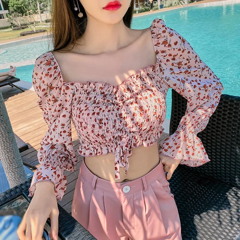 

Women's Fashion Square Collar Sexy Sweet Pleated Small Floral Print Short Chiffon Shirt Blouses