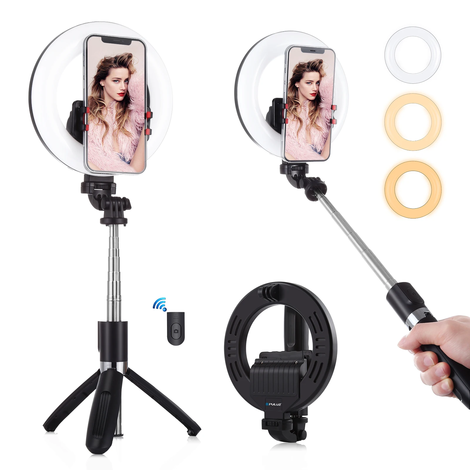 

PULUZ 6.3 Inch 16cm LED Lamp Live Broadcast Vlogging Selfie Ring Light + Bluetooth Selfie Stick Tripod Mount(Black)