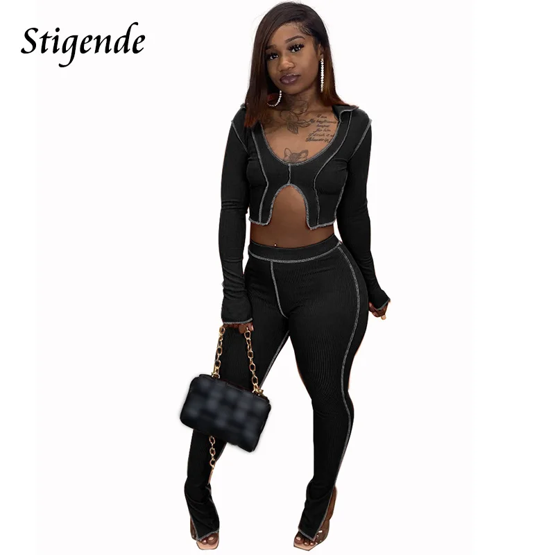 

Женский костюм-двойка в рубчик, с длинным рукавом и брюками