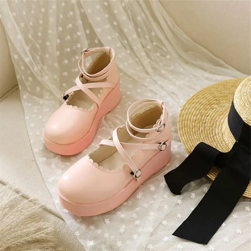 FOREADA Woman Lolita Style Shoes AnkleWedges High Heels Pumps Platform Buckle Lady Footwear Round Toe Lovely Pumps 34-43 Pink