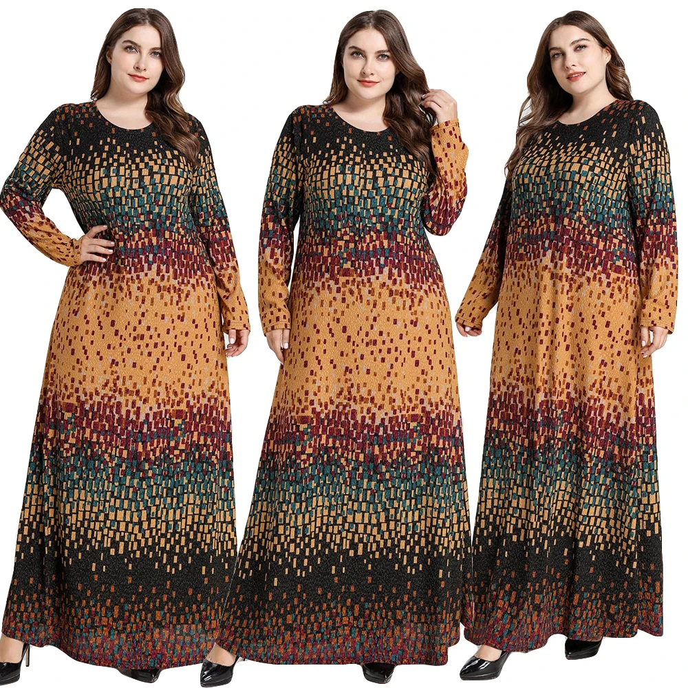 Мусульманские женщины плюс размер печатных платье Рамадан исламский абайя Макси Халат Свободный o-образный вырез арабский джилбаб платье-К...