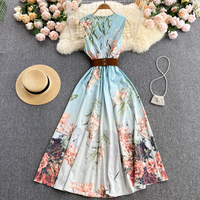 

Europe Style Fashion Women Clothes 2021 Summer Designer Sleeveless Floral Print Long Bohemian Holiday Dress Elegant Sundress