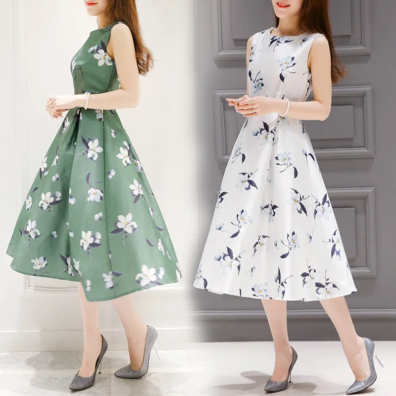 

Sleeveless Dresses Women Summer 2021 New Elegant O-Neck Floral Print Midi A-Line Dress Female Lady Casual Slim Party Sundress