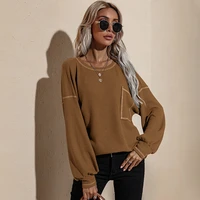 women autumn loose casual all match round neck pocket long sleeve tops patchwork solid vintage pullovers female new sweatshirt