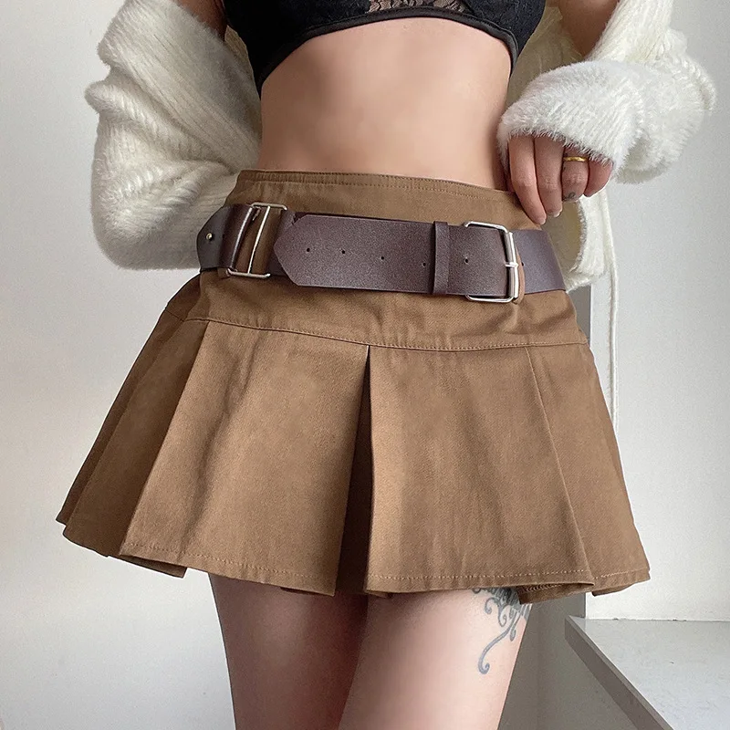 

Y2K Short Skirt Sashes Retro Pleated Khaki Skirts With Underneath Short Skirts Women Korean Preppy Skirts 90S skirt hippie skirt