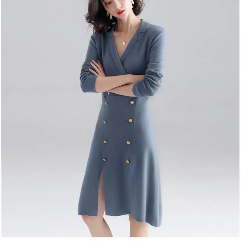 Осень 2019 офисное женское трикотажное платье с отложным воротником 3 цвета