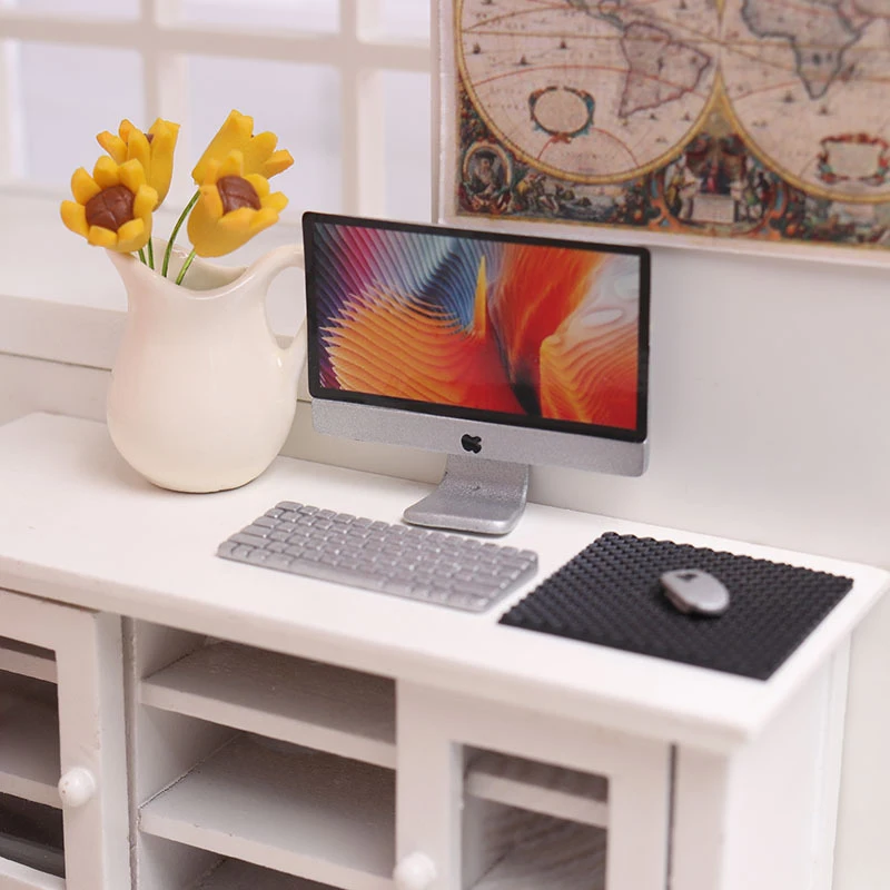 

1Set 1/12 Scale Mini Computer + Mouse + Keyboard Book Stationery Model for Miniature Dollhouse Study Room Furniture Accessories