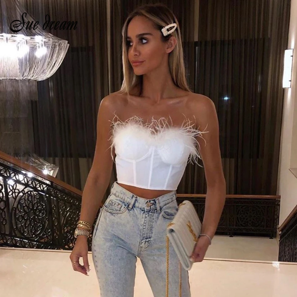 Европейская мода Стиль женщины перо без бретелек сексуальный Черный Белый Топ