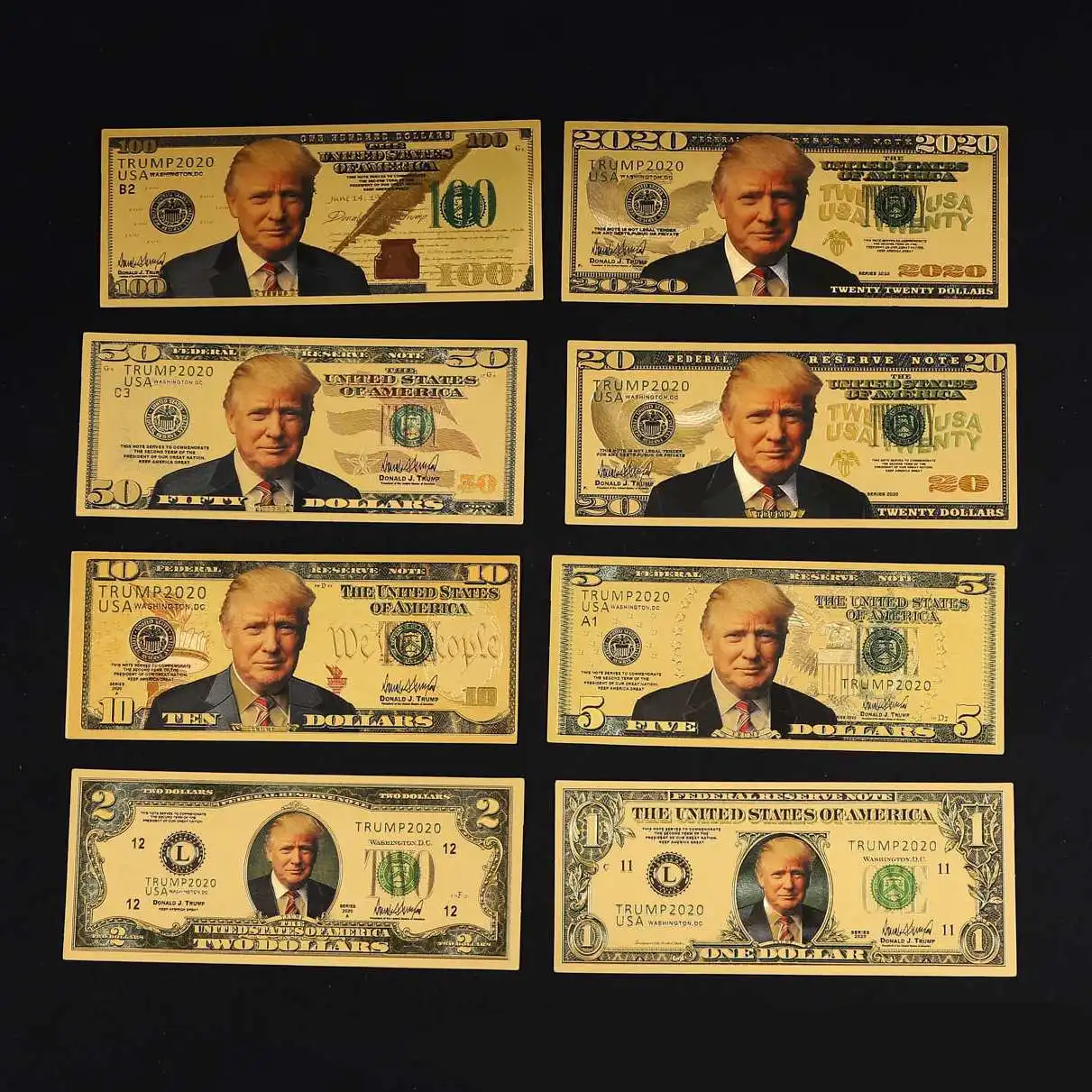 Дональд Трамп $1/2/5/10/20/50/100 банкноты из золота полный комплект банкнот 2020|Золотые