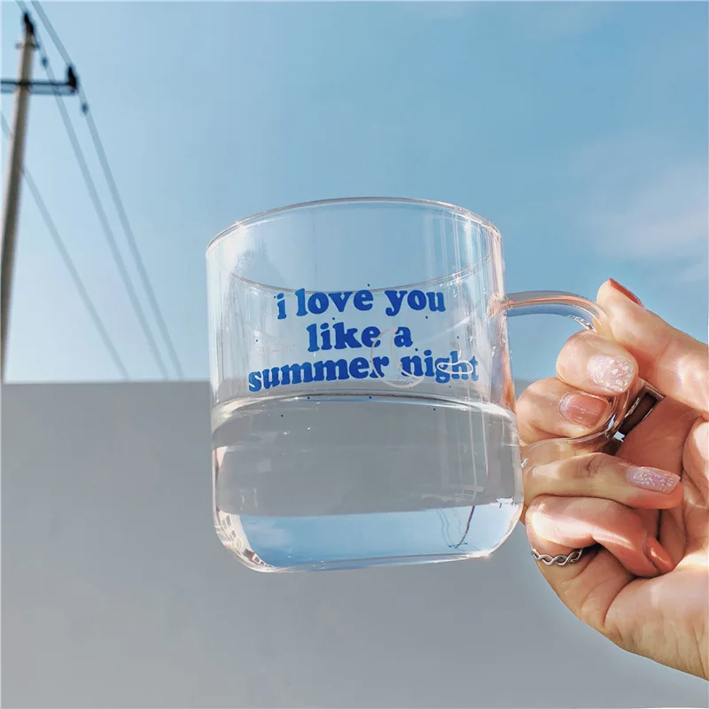 

Brief Coffee Glass Transparent Mug Drinking Glasses with Handgrip Blue Letter 330ml Borosilicate Cup In Tumblers Juice Drinkware