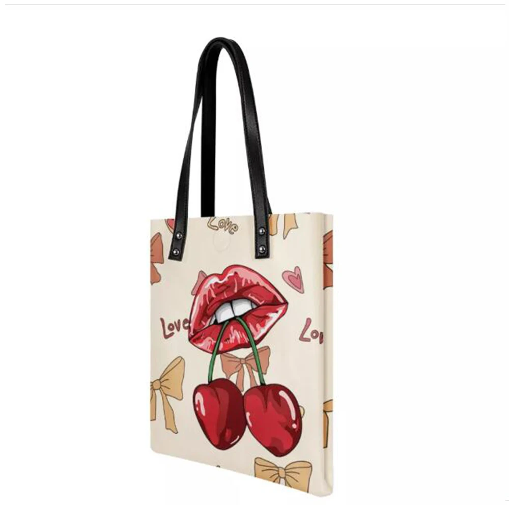 

Elegant Female Shopping Bag Women Cherry And Lip Pattern PU Leather Handbags Classic Shoulder Purses Hasp Shopper Tote Bag