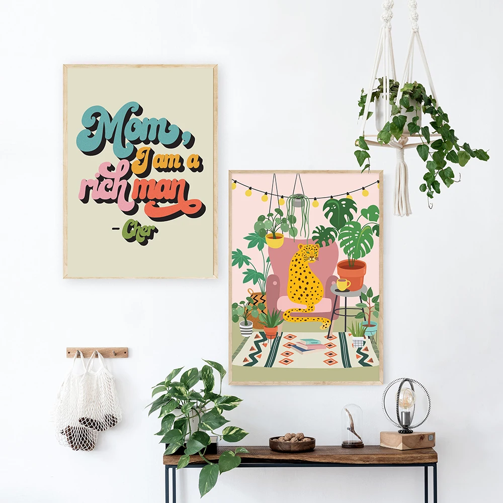 

Canvas Painting Wall Art House Plants Colourful Boho Print Rich Man Retro Quote Poster Feminism Pictures for Living Room Decor