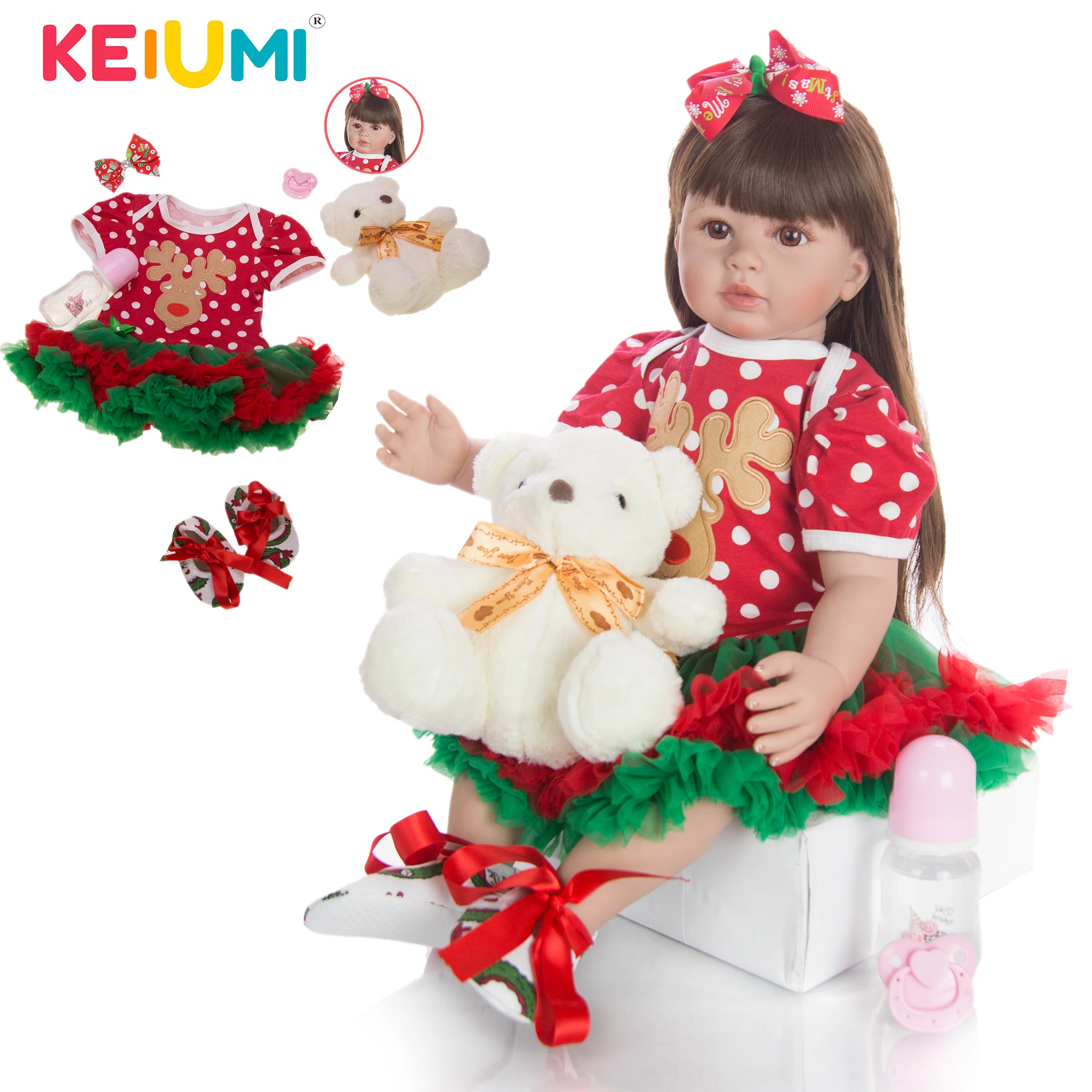 Keiumi Прелестная кукла-ребенок принцесса с длинными волосами 60 см из силикона в особом новогоднем модном наряде.