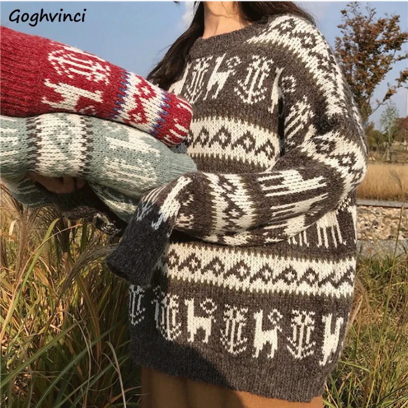

New Funny Christmas Sweater Women Red Fashion Retro Vintage Printed Pullover O-neck Jumpers Leisure Thickening Streetwear Kawaii