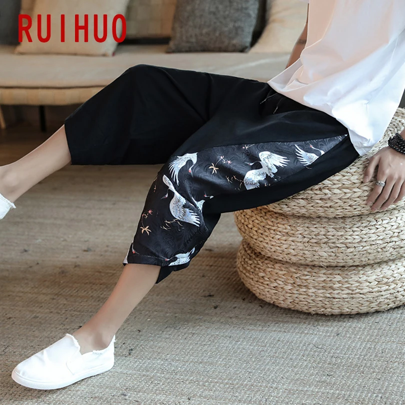

RUIHUO Calf-Length Patchwork Men's Pants Harajuku Men Clothing Harem Pants Men Japanese Style Streetwear Trousers M-5XL 2021