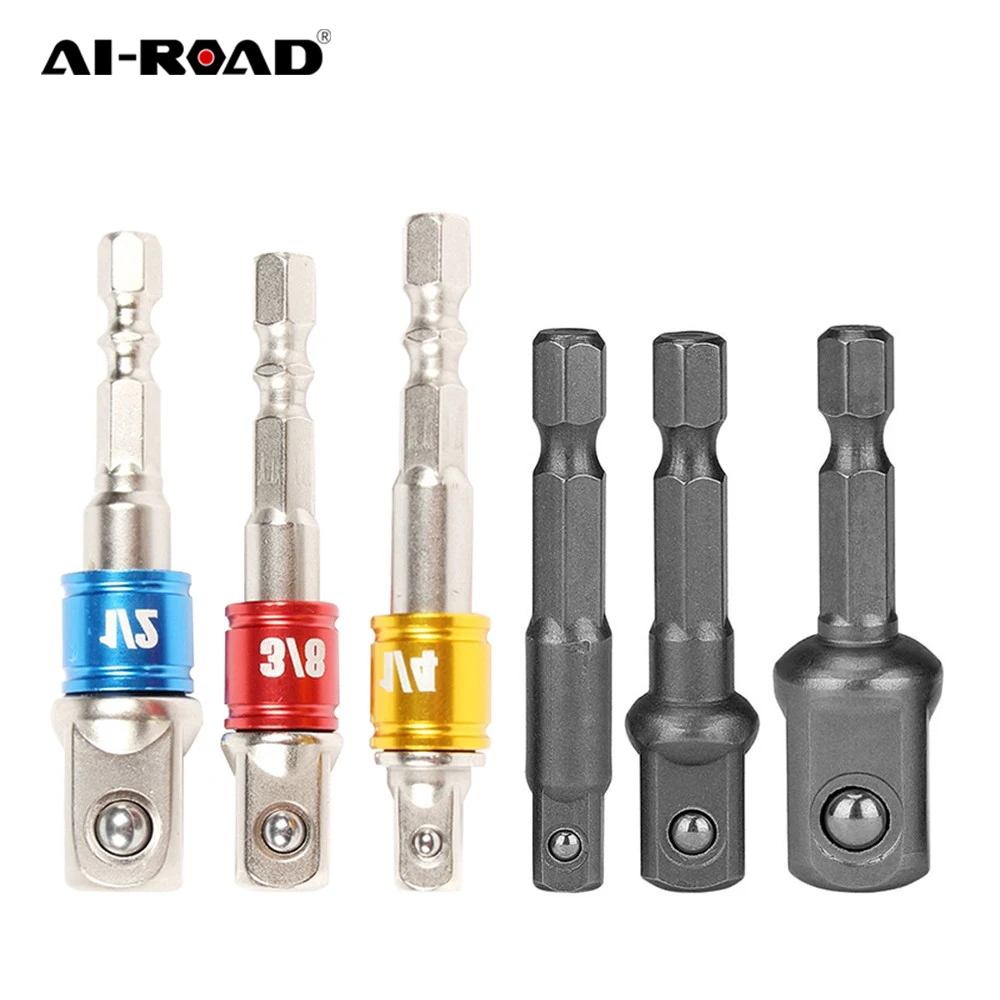 

AI-ROAD 3pcs Chrome Vanadium Steel Socket Adapter Extension Drill Bit Hex Shank To 1/4" 3/8" 1/2" Hex Bit Set Power Tools