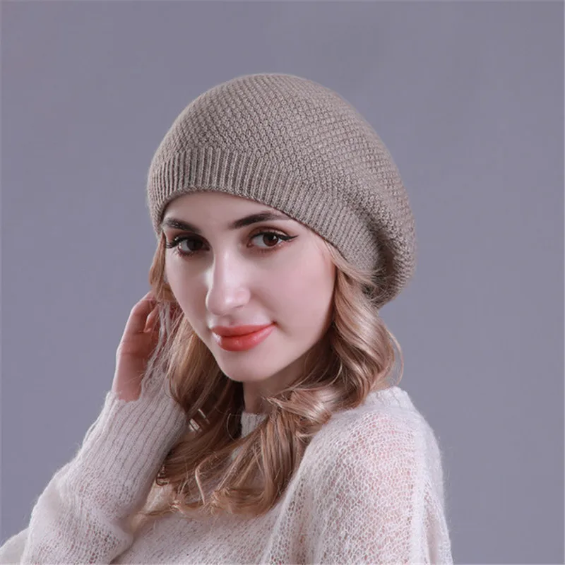 Khaki Новые женские шерстяные береты зимние вязаные мягкие теплые кашемировые французские береты шапка для дам модные однотонные шикарные шляпы - Цвет: Khaki