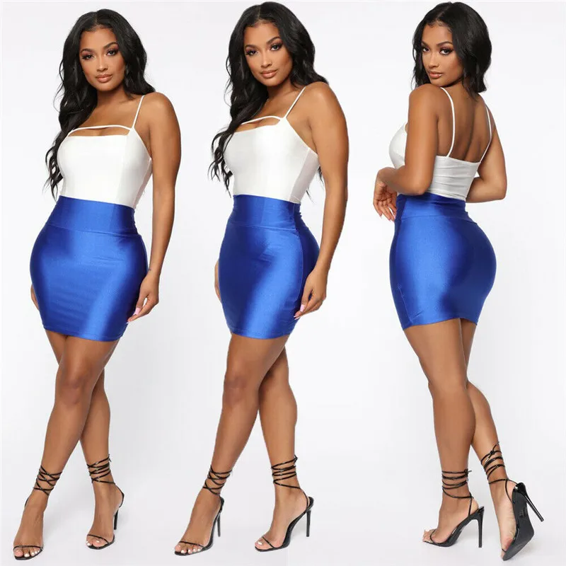 

Fashion Women High Waist Casual Solid Soft Skirt Elastic Waist Bodycon Short Mini Pencil Skirt Slim Faux Leather Stretch Skirt