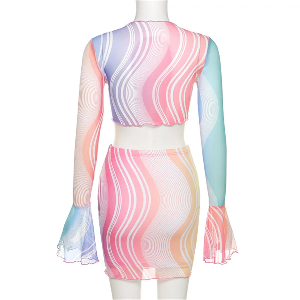 

Women Printed Mesh Sexy Dress Suit 2021 Summer Long Sleeve Bodycon Dresses Two Pieces Sets Beach Holiday Bandage Female Clothing