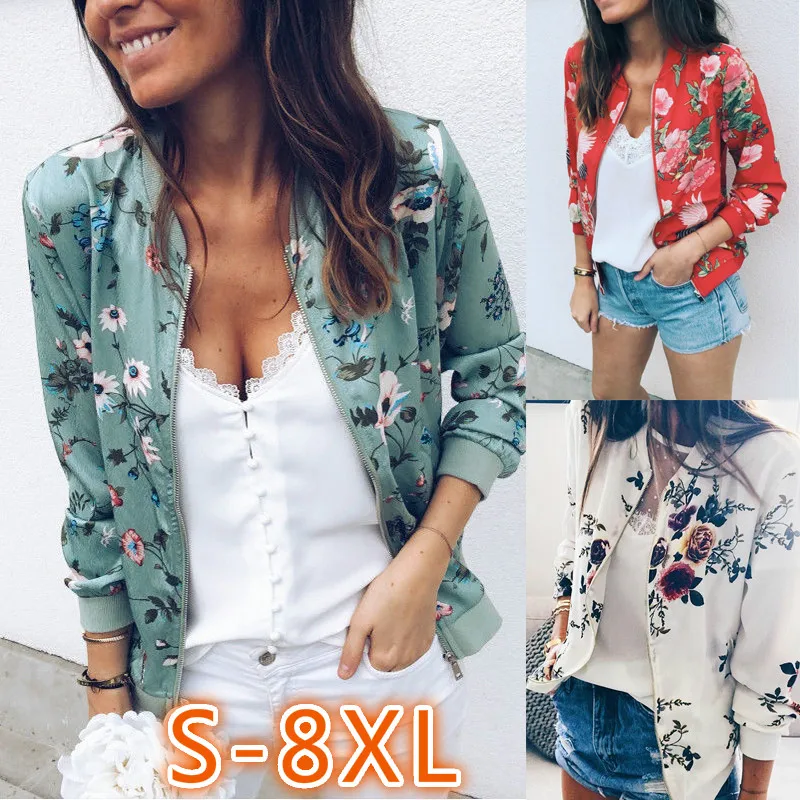 

New Women Floral Jackets 2021 Autumn Casual O-Neck Zipper Print Pocket Bomber Jacket Retro Long Sleeve Female Outwears Plus Size