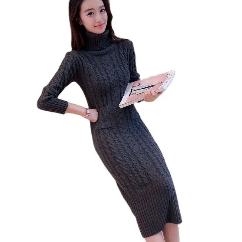 Женское трикотажное платье-рубашка длинное платье-свитер с высоким воротником и
