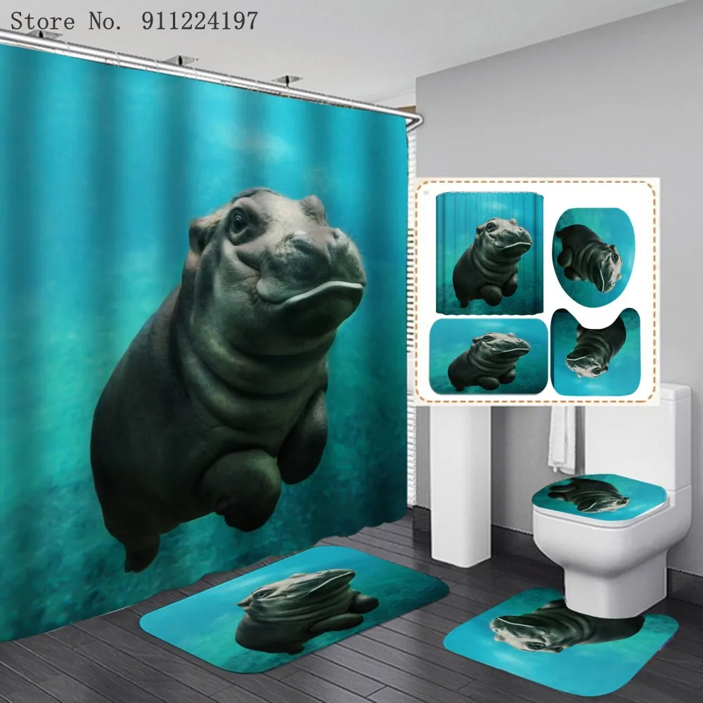 

Rhino Elephant Sloth Panda Pig Print Shower Curtain 3D Waterproof Curtains Bathroom Pedestal Rug Lid Toilet Cover Bath Mat Set