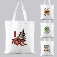 shopping bag ladies white casual handbag commuter cute monster pattern printed canvas one shoulder can be reused and portable