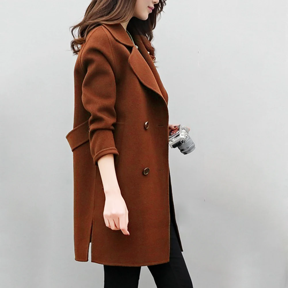 Coat Women Autumn Winter Jackets Solid Color Lapel Double-breasted Woolen Midi Trench Loose Long Sleeve Jacket Warm Keeping | Женская