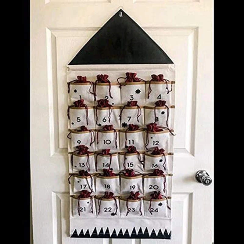 

24 Pockets Fabric Christmas Calendar to Hanging Xmas Ornaments Party Advent Drawstring Bags Embellishments Hanging Bag