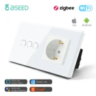 Сенсорный выключатель Zigbee Bseed, 3 клавиши, европейский стандарт, с обычной розеткой, 3 цвета, стеклянная панель, украшение для умного дома