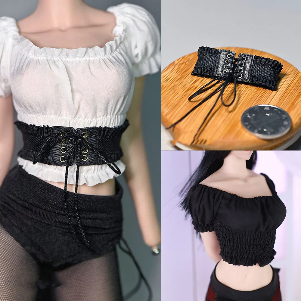 1/6 Female Off Shoulder Short Sleeve Exposed Navel Pleated Tops Wide Belt with Elastic Drawstring Waist Closure for 12