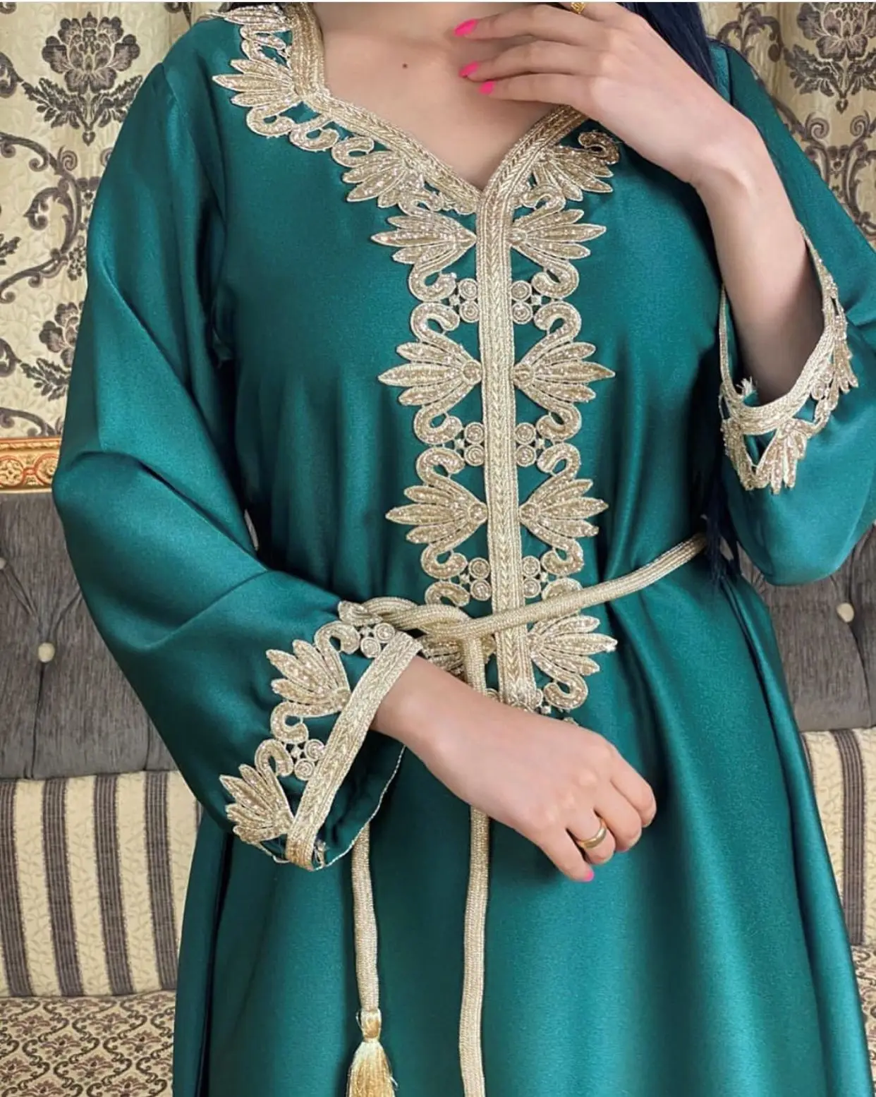 

Siskakia Satin Maxi Dress for Women Elegant Ethnic Embroidery Gilding Jalabiya Muslim Dubai Arabic Moroccan Kaftan Robe Green