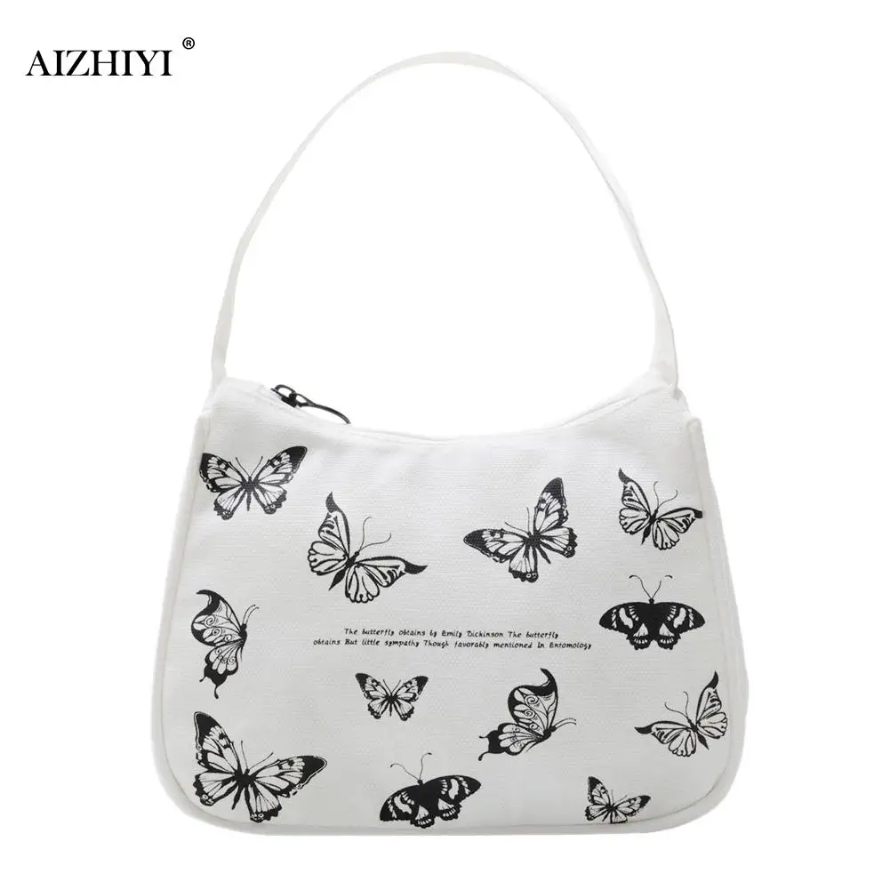

Women Small Handbag Butterfly Print Canvas Tote Ladies' Fashion Underarm Bag Zipper Half Moon Bags Cotton Cloth Purse