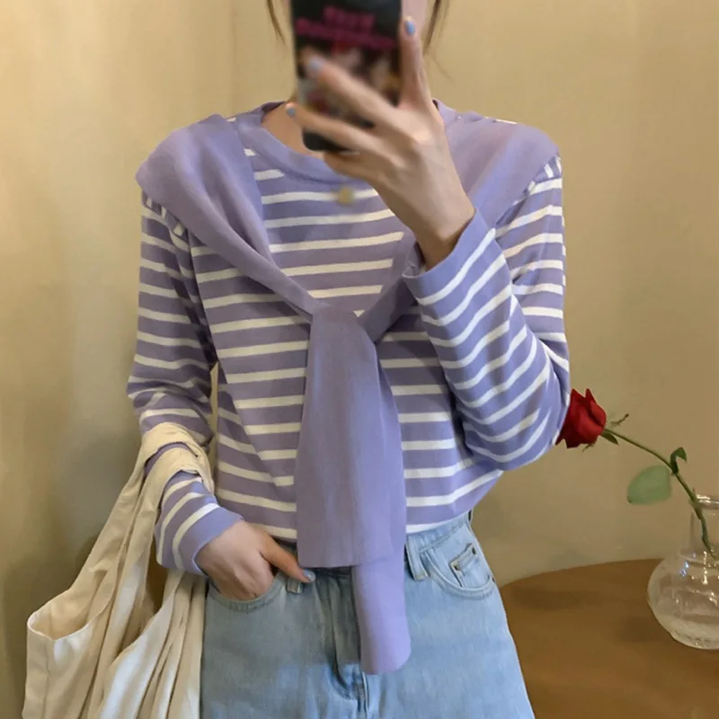 

Ladies Clothes Shawl Top Women Loose Korean Student Striped Long-Sleeved Sweater Women O-Neck Wild Thin Pullover Mujer De Moda